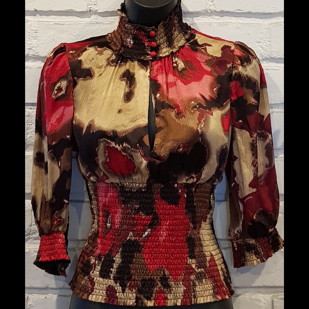 colorful silk Bebe peekaboo top